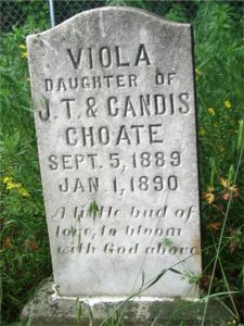 Viola daughter of J.T. &
Candis Choate/Sept. 5, 1889/Jan. 1, 1890
